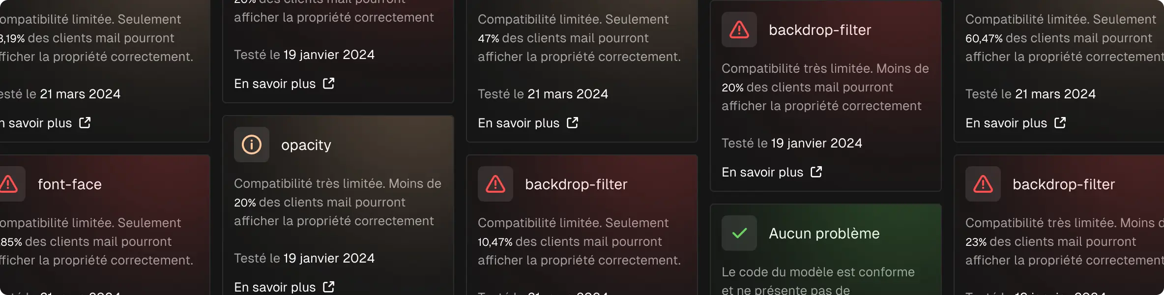 Dédale détecte, en arrière plan, toutes les propriétés HTML et CSS faiblement compatibles avec les clients de messagerie comme Gmail ou Outlook à partir de la base de donnée Can I Email.